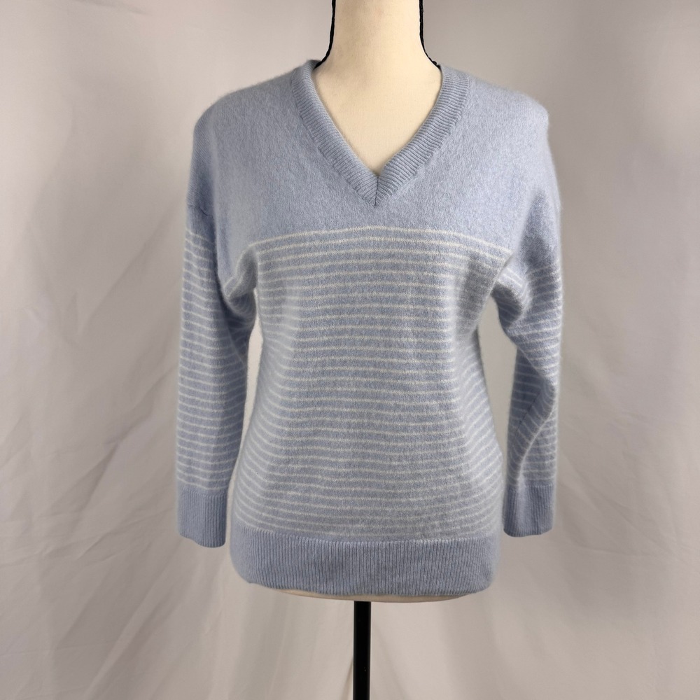 Banana Republic 100% Cashmere Sweater Womens S Blue with White Striped V-Neck